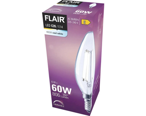 FLAIR LED lamp C35 E14, 6 watt, 806 lumen