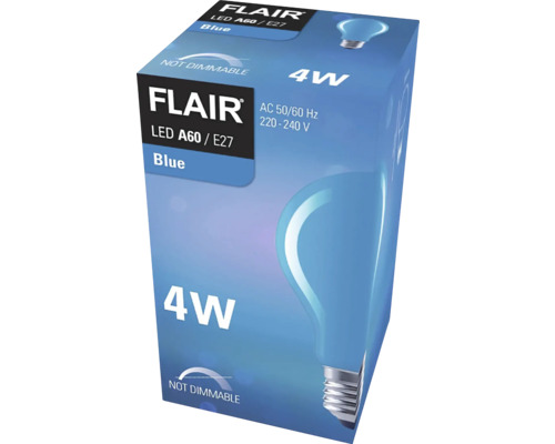 Verpakking van een blauwe Flair LED A60 E27 lamp van 4 watt, niet dimbaar