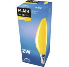 Verpakking van een gele Flair LED C35 E14 lamp, 2 watt, niet dimbaar