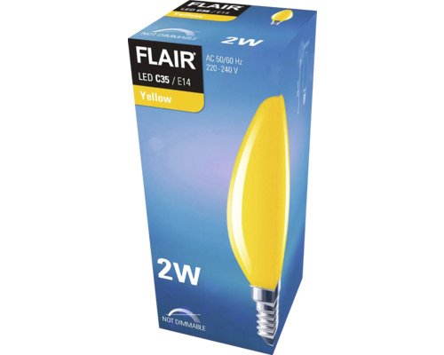 Verpakking van een gele Flair LED C35 E14 lamp, 2 watt, niet dimbaar