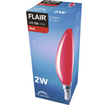 Verpakking van een rode Flair LED C35 E14 2 watt lamp