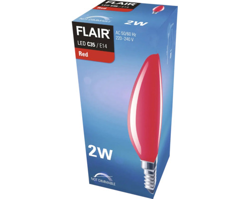 Verpakking van een rode Flair LED C35 E14 2 watt lamp