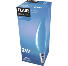 Verpakking van een niet dimbare blauwe Flair LED C35 / E14 lamp van 2 watt