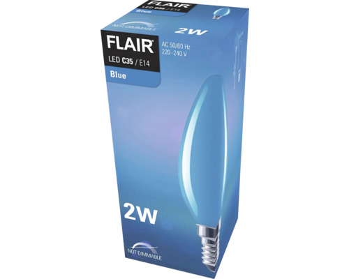 Verpakking van een niet dimbare blauwe Flair LED C35 / E14 lamp van 2 watt