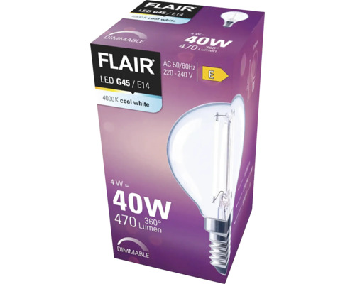 Verpakking van een dimbare Flair LED lamp G45 E14 met 4 watt vermogen