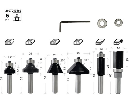 Zesdelige frezenset met 8 mm schacht en accessoires