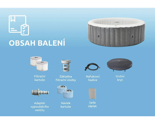 Opblaasbare jacuzzi met filterpatronen, filterbases, slang, afdekking, adapter en reparatieset
