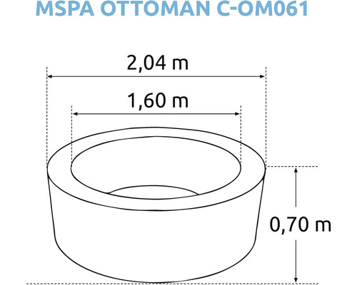 MSPA Ottoman C-OM061 productafmetingen: 2,04 meter lengte, 1,60 meter breedte en 0,70 meter hoogte.