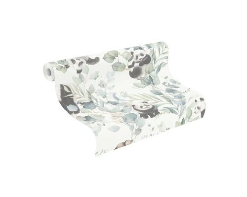 Rol behang met panda en eucalyptus takkenpatroon