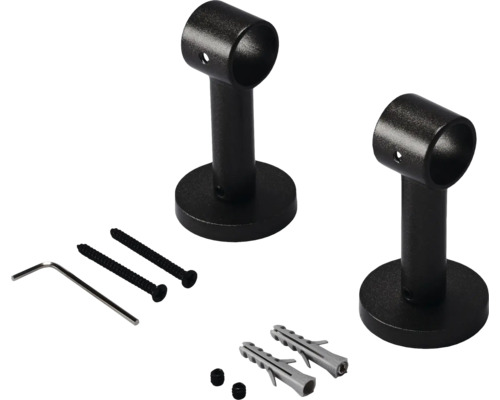 Twee gordijnroedehouders met schroeven, pluggen en inbussleutel