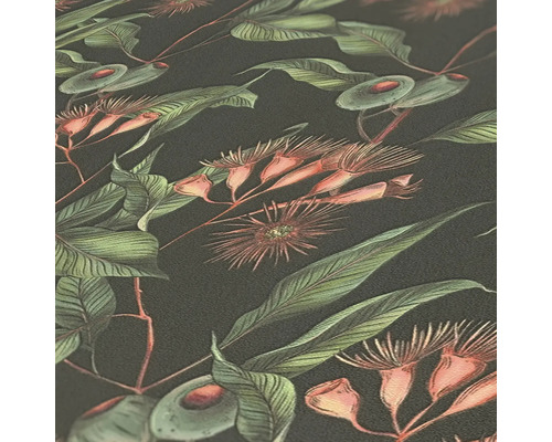 Behang met botanisch patroon van bladeren en bloemen