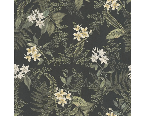 Behang met jungle motieven met varens en bloemen