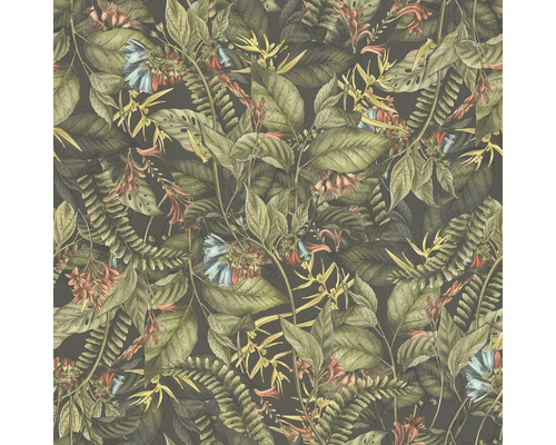 Behang met jungle motieven van bladeren en bloemen