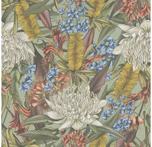 Behang met een bloemmotief van verschillende bloemen en bladeren