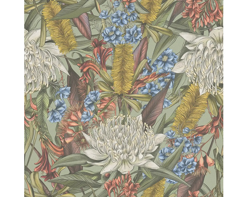 Behang met een bloemmotief van verschillende bloemen en bladeren