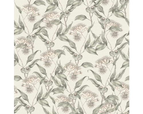 Behang met een bloemmotief van bladeren en bloemen