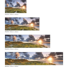 Collage van muurschilderingen in verschillende formaten met een vuurtoren op het strand bij zonsondergang