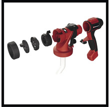 Explosietekening van een rood Einhell verfspuitpistool dat de verschillende onderdelen toont