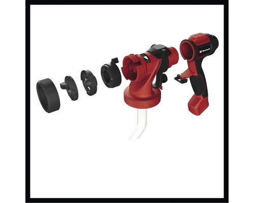 Explosietekening van een rood Einhell verfspuitpistool dat de verschillende onderdelen toont