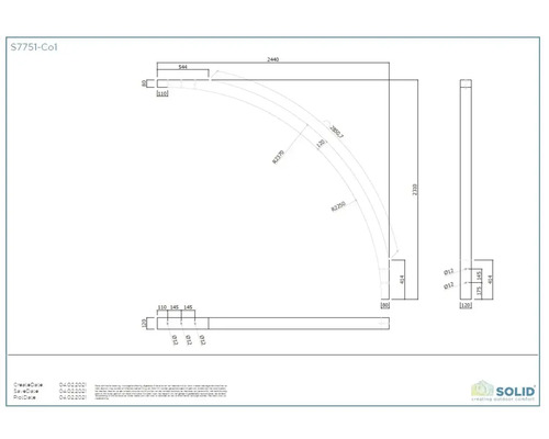 Technische tekening met afmetingen van een gebogen houten constructiedeel