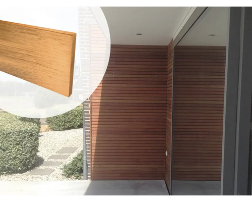 ELEPHANT Open Gevelbekleding Jatoba, rhombus, 21x150/145x2400 mm Buitenaanzicht met houten gevelbekleding en terrasplank