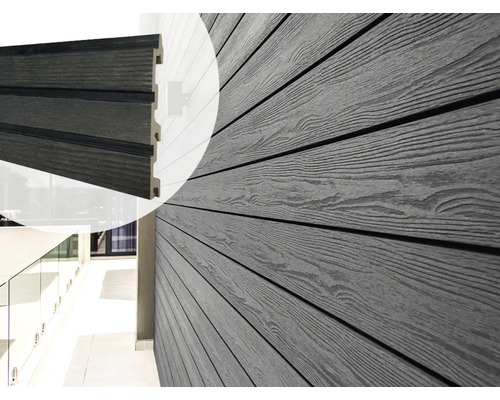 EVA-LAST Gevelbekleding Coal Black S, 5900x152/163x24,5 mm Close-up van een gevel met tong- en groefplanken