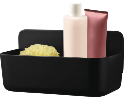 Zwarte douchekorf met spons, lotion en tube