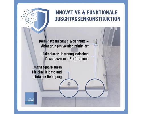 Detailopname van een douchecabine met informatie over innovatieve en functionele constructie, minimalisatie van stofafzetting, naadloze overgang en uitneembare deuren voor eenvoudige reiniging.