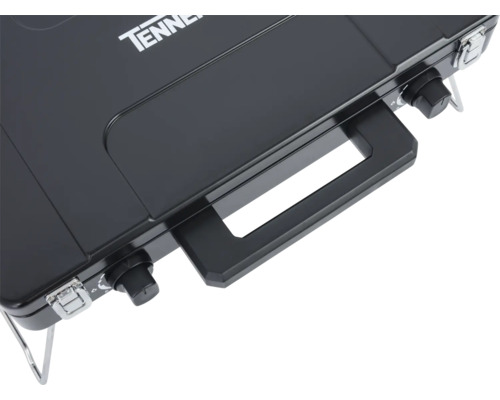 Detailweergave van de draagbare gaskooktoestel van Tenneker met handgreep en draaiknoppen.