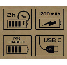 Symbolen voor twee uur oplaadtijd, 1700 mAh, vooropgeladen en USB-C