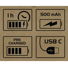 Symbolen voor een uur oplaadtijd, 500 mAh, vooropgeladen en USB-C
