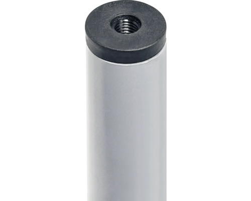 Gedetailleerde opname van een zilverkleurige meubelpoot met zwarte afwerking en interne schroefdraad