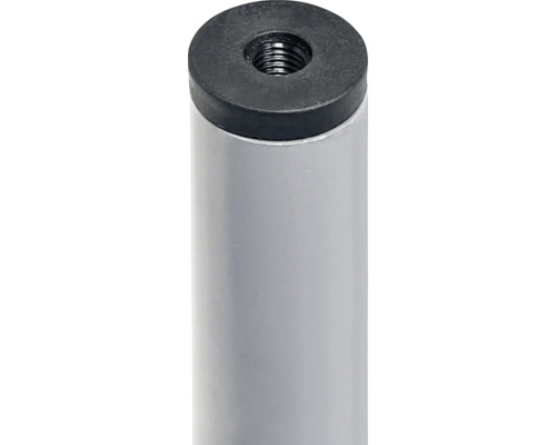 Gedetailleerd zicht op een zilverkleurige tafelpoet met een ronde, zwarte eindkap en schroefdraad.