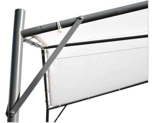 Detailweergave van een paviljoen met een grijs metalen frame en een wit stoffen dak