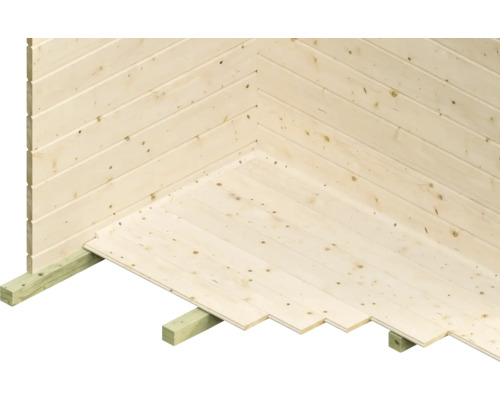 Hoek aanzicht van een houten huis met houten vloer