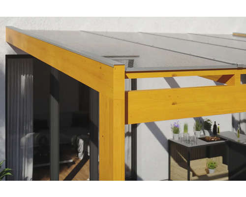 Detail van een houten terrasoverkapping met transparant dak