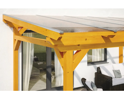 Detailopname van een houten terras met een transparant dak