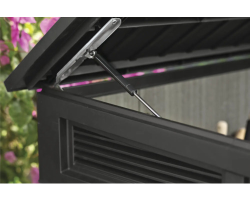 Gedetailleerd zicht op het geopende deksel van een opbergbox met demper