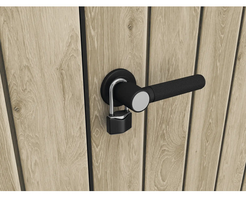 Houten deur met zwarte deurklink en hangslot