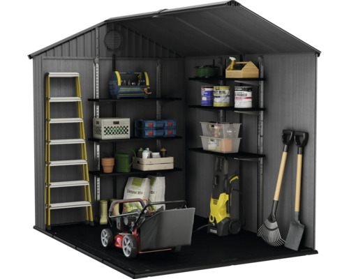 Tuinhuis met planken en tuingereedschap