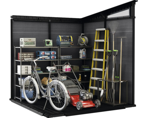 Tuinhuis met rekken, tuingereedschap, ladder, grasmaaier en fiets