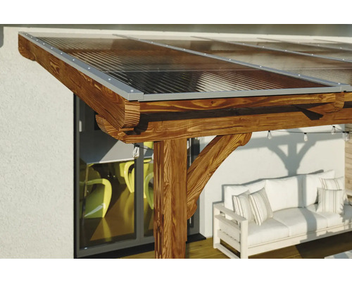 Gedetailleerd aanzicht van een terrasoverkapping met houten constructie en transparant dak