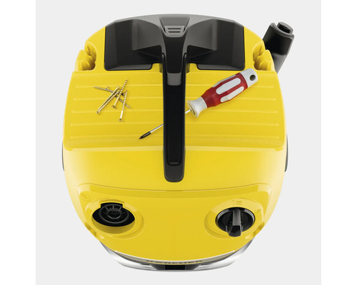 Gele stofzuiger met schroeven en schroevendraaiers