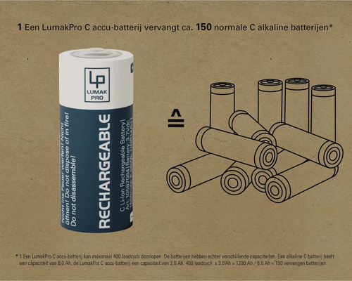 LumakPro C oplaadbare batterij vervangt circa 150 normale C alkaline batterijen