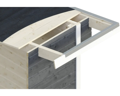 Detailaanzicht van een tuinhuis met houten wanden en dakconstructie