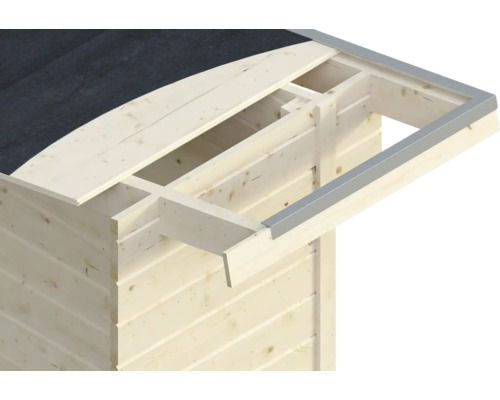 Detailopname van een houten tuinhuis met dakleer en metalen bekleding