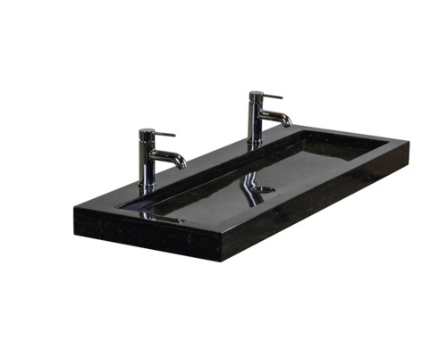 Rechthoekige waskom van steen met twee kranen