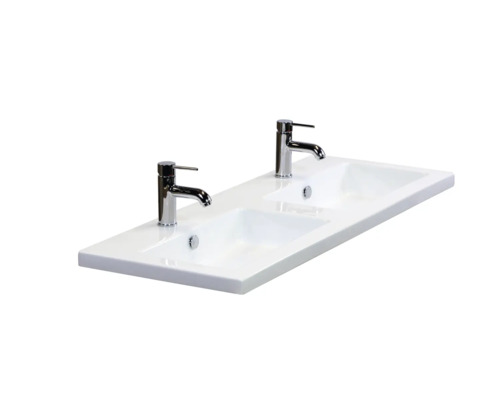 Dubbele wastafel met twee kranen voor de badkamer