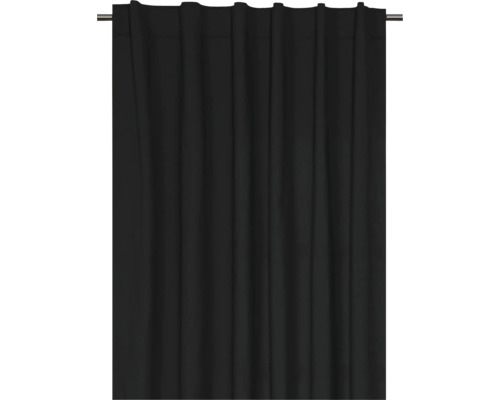 Zwart gordijn met lusbevestiging aan een gordijnroede