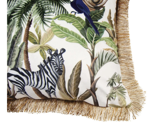 Decoratief kussen met jungleprint, zebra, papegaai en franjes